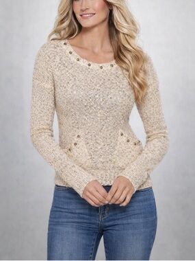 VENUS Gold Sequin Sweater XS Womens Studded Knit Glam Sparkle Holiday Party Top
